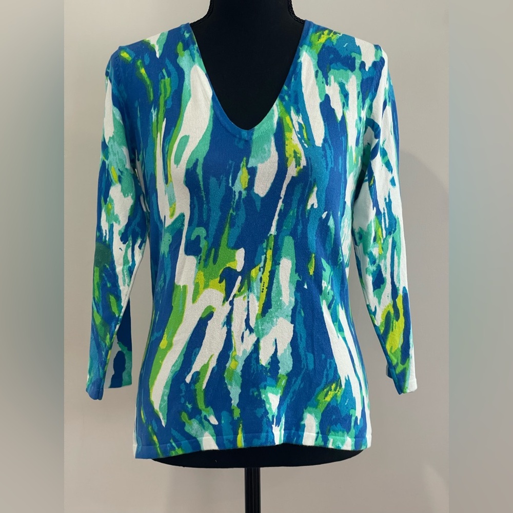 Jillanova S Vibrant Blue and Green‎ V Neck Abstract Print Sweater w Stretch 684